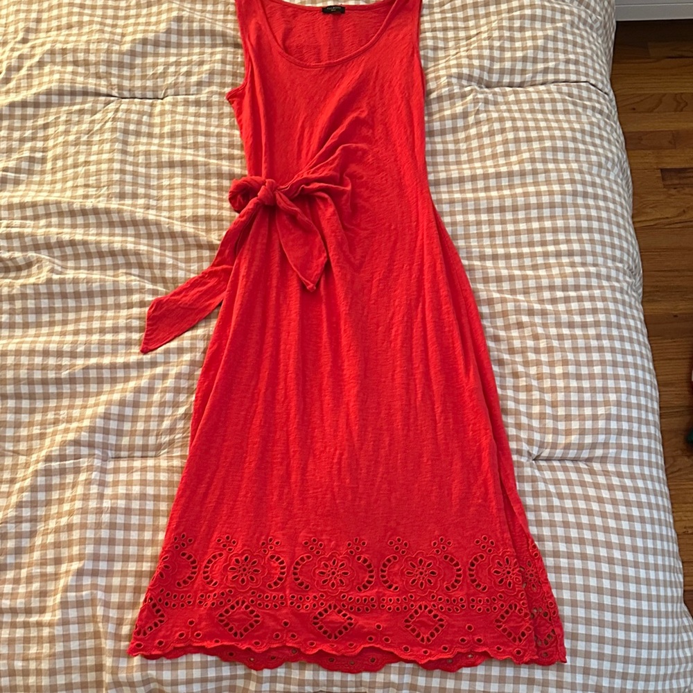 Talbots Sleeveless Red Tie-Waist Midi Dress with Eyelet Hem